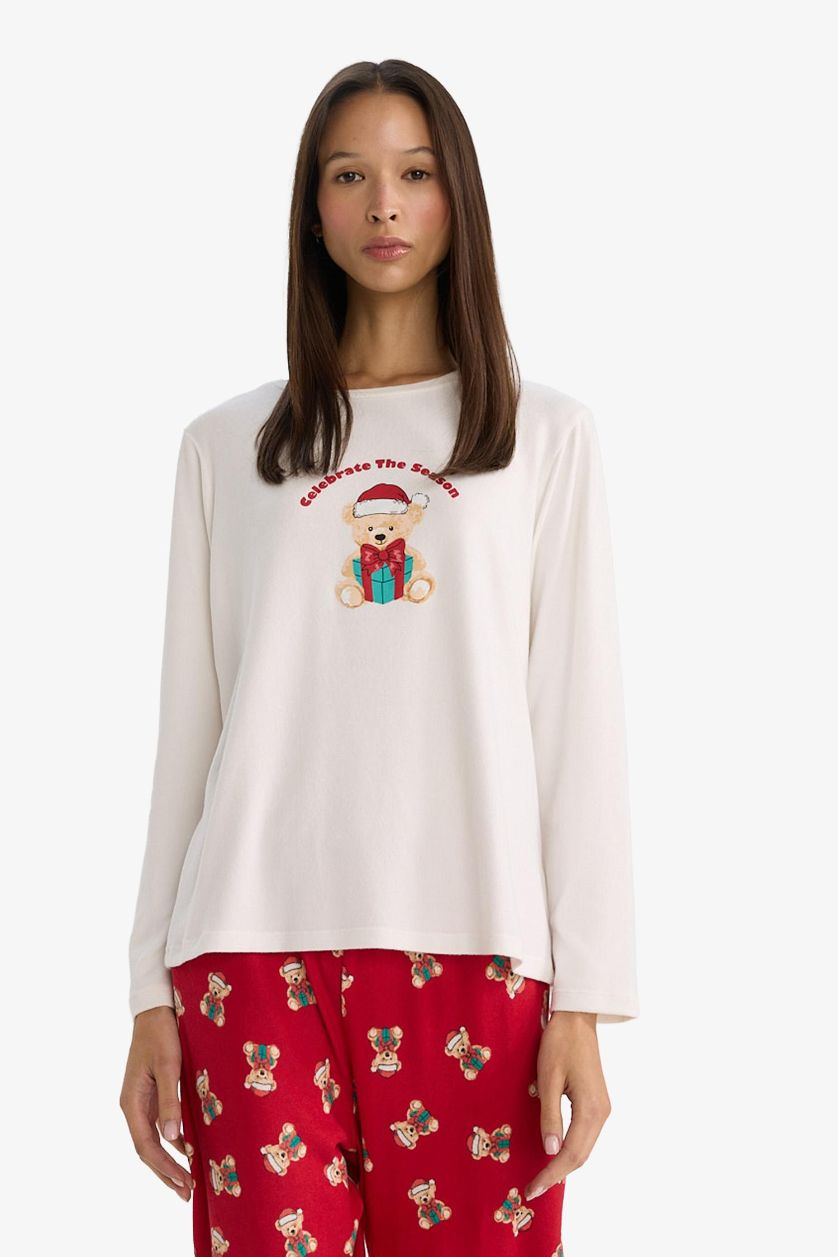 Woman Red Christmas Themed Regular Fit Long Sleeve Top Bottom 2 Piece Set