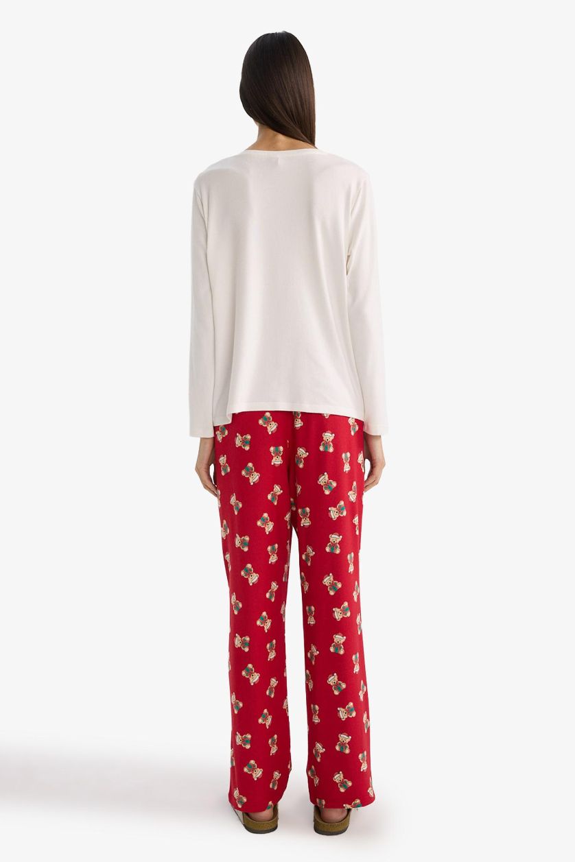 Woman Red Christmas Themed Regular Fit Long Sleeve Top Bottom 2 Piece Set