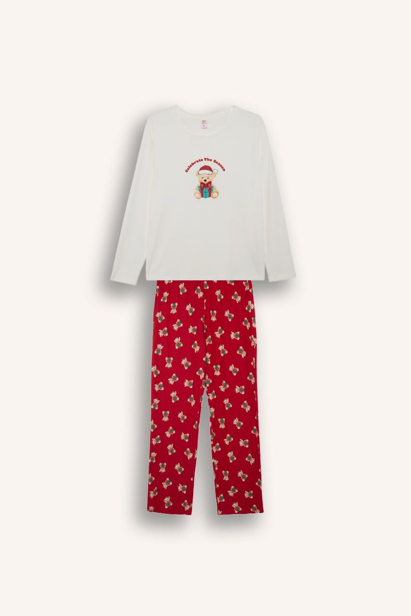 Woman Red Christmas Themed Regular Fit Long Sleeve Top Bottom 2 Piece Set