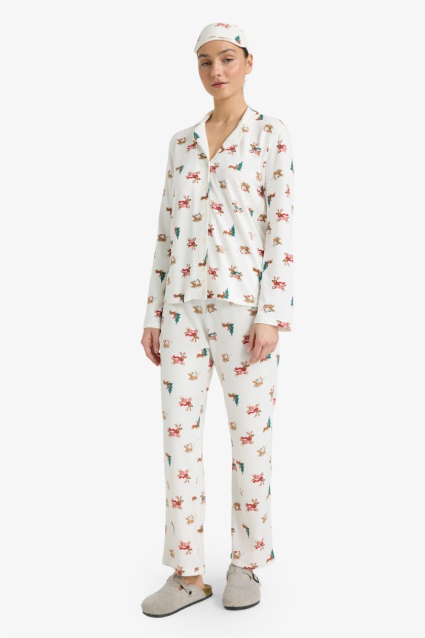 Woman Ecru Regular Fit Long Sleeve 2 Piece Christmas Pyjama Set