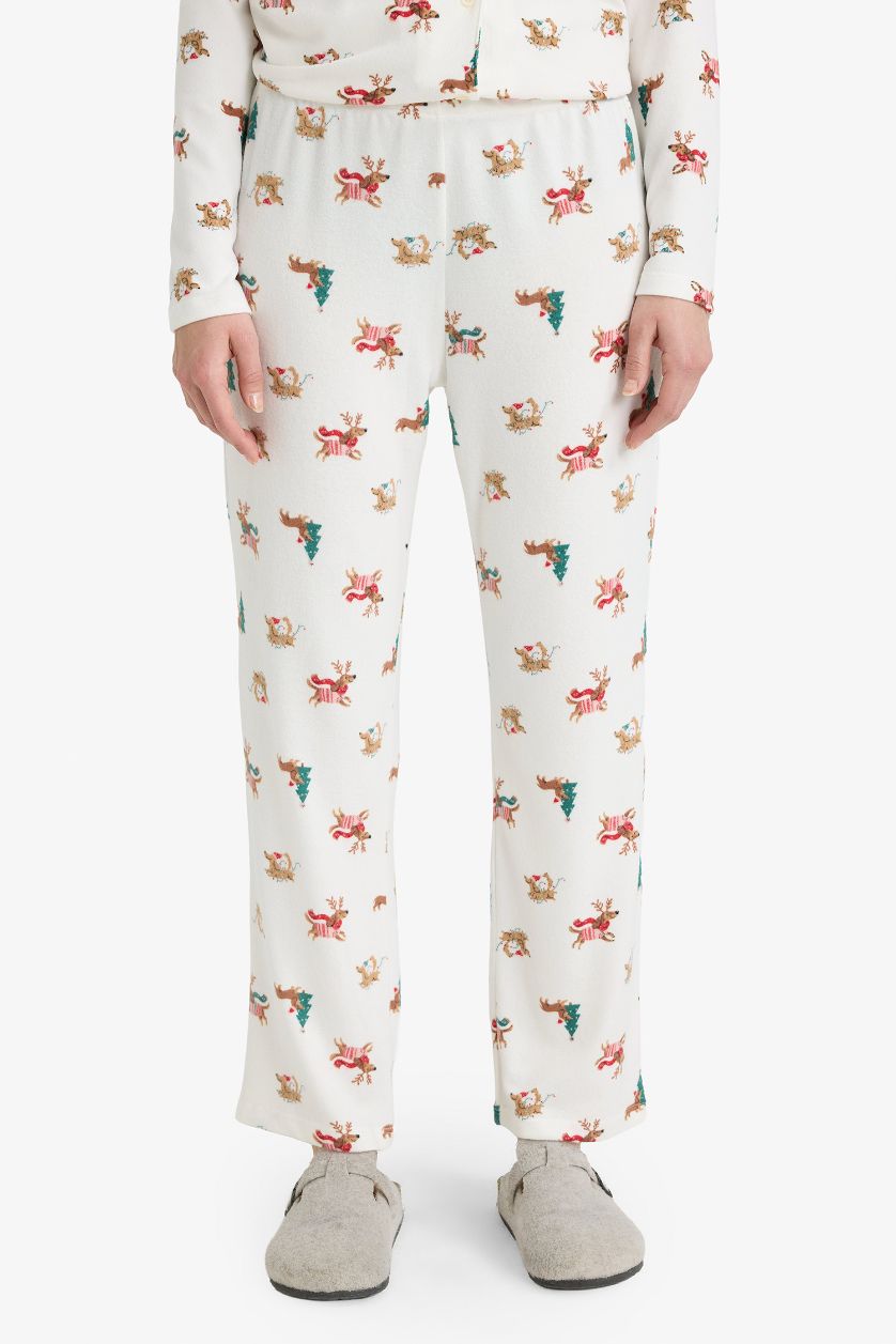 Woman Ecru Regular Fit Long Sleeve 2 Piece Christmas Pyjama Set