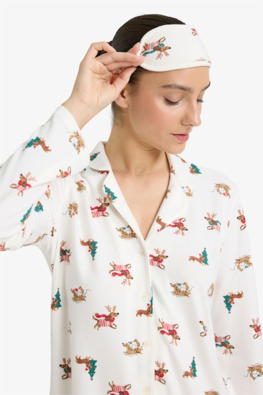 Woman Ecru Regular Fit Long Sleeve 2 Piece Christmas Pyjama Set