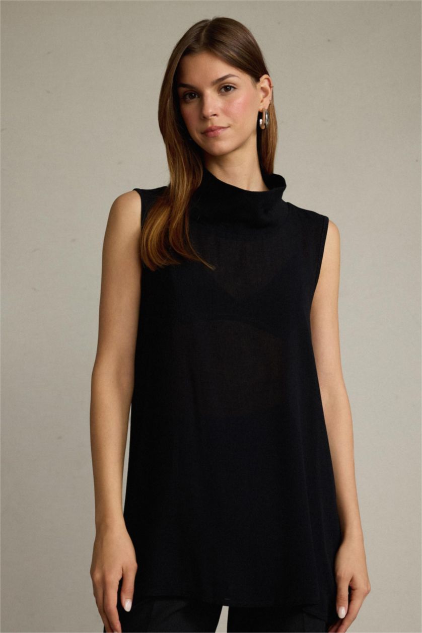 Kadın Siyah Relax Fıt Balıkçı Yaka Twill Kolsuz Bluz