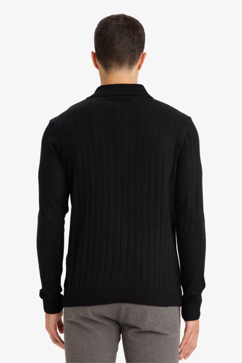 رجالي أسود بلوفر تريكو قصة عادية بياقة بولو