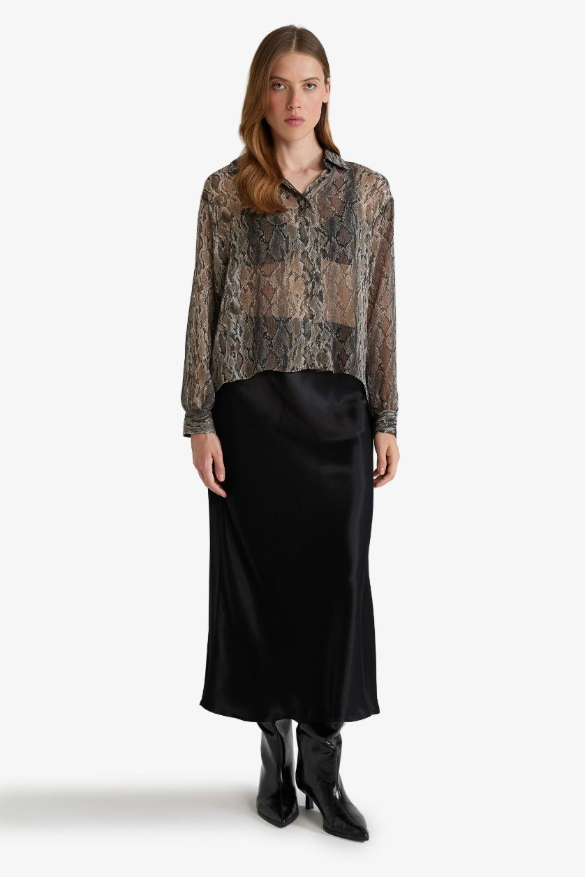 WOMAN Black Regular Fit Snakeskin Patterned Chiffon Shirt