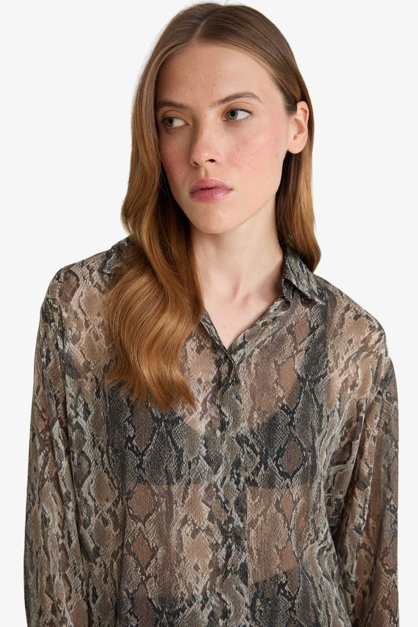 WOMAN Black Regular Fit Snakeskin Patterned Chiffon Shirt