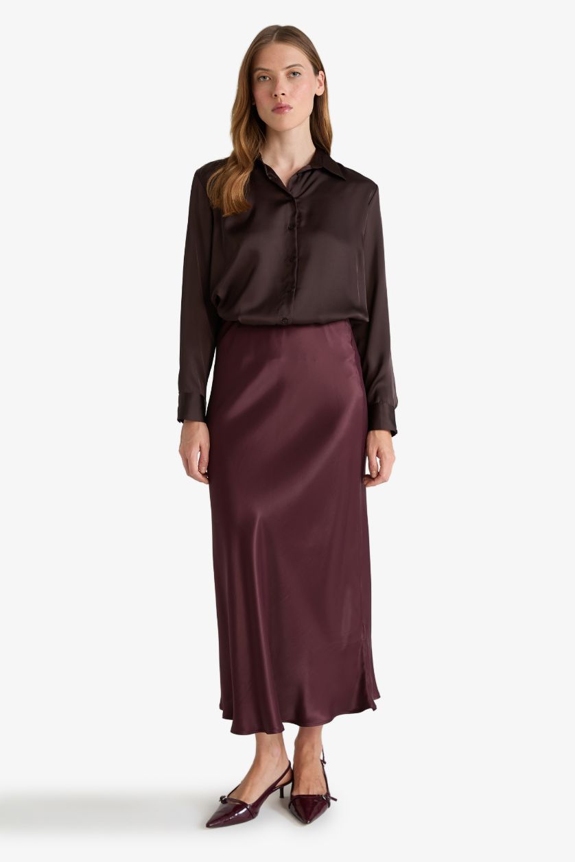 WOMAN Brown Oversize Fit Shirt Collar Satin Long Sleeve Shirt