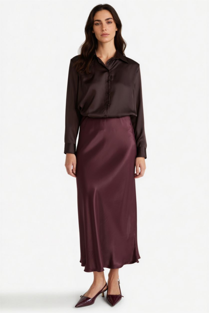 WOMAN Brown Oversize Fit Shirt Collar Satin Long Sleeve Shirt