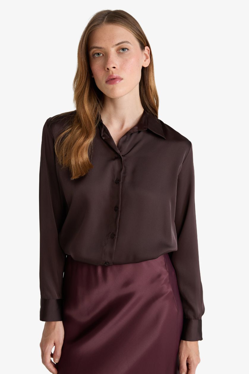 WOMAN Brown Oversize Fit Shirt Collar Satin Long Sleeve Shirt