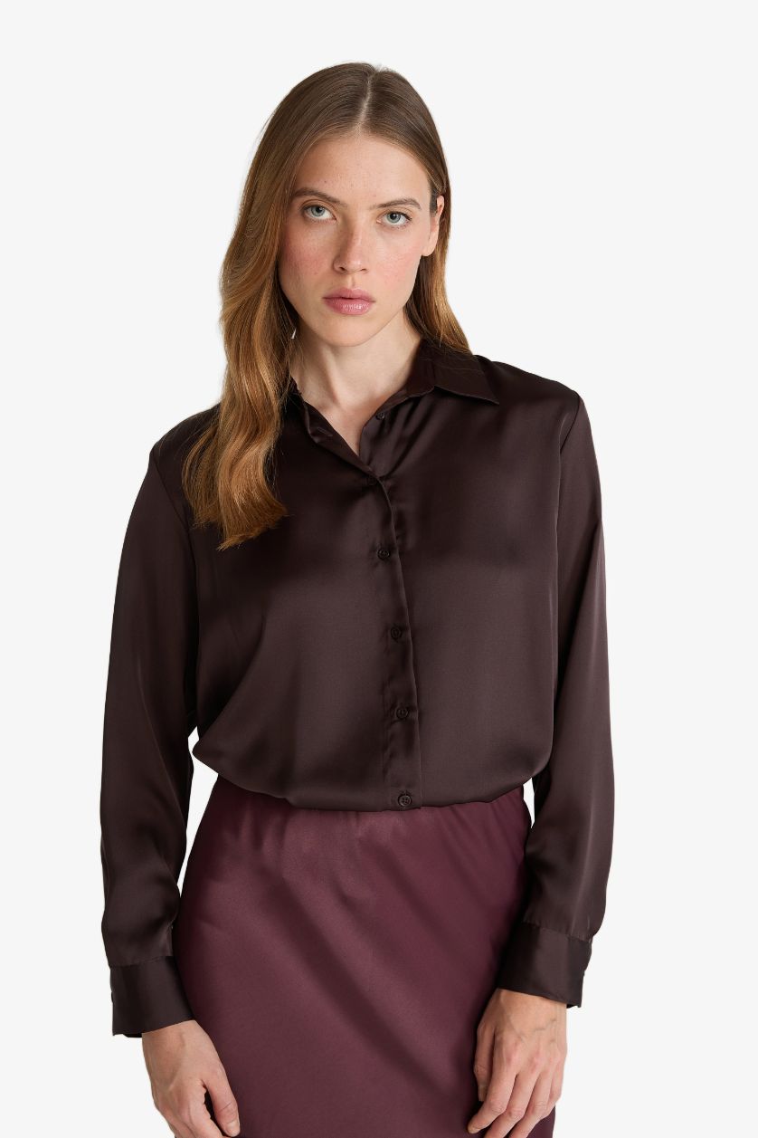 WOMAN Brown Oversize Fit Shirt Collar Satin Long Sleeve Shirt