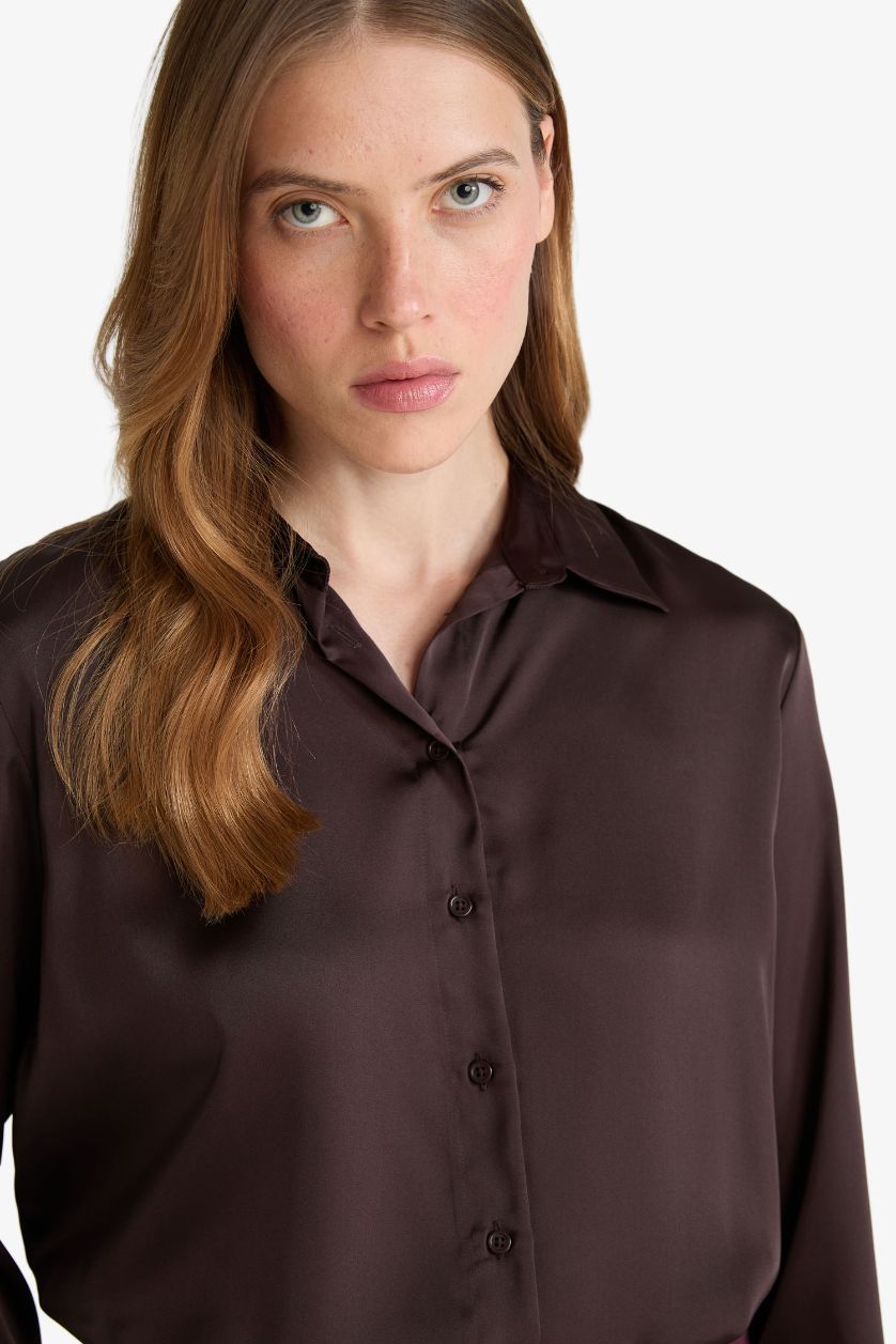 WOMAN Brown Oversize Fit Shirt Collar Satin Long Sleeve Shirt