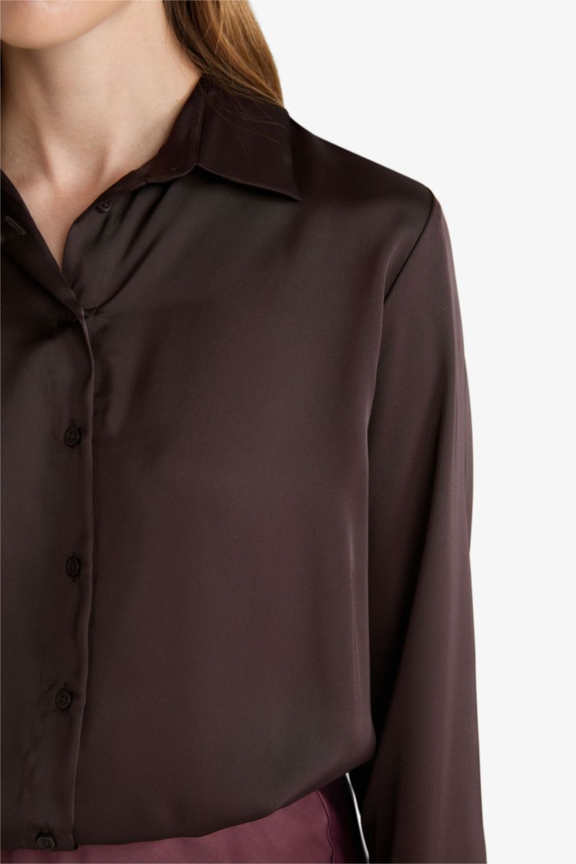 WOMAN Brown Oversize Fit Shirt Collar Satin Long Sleeve Shirt