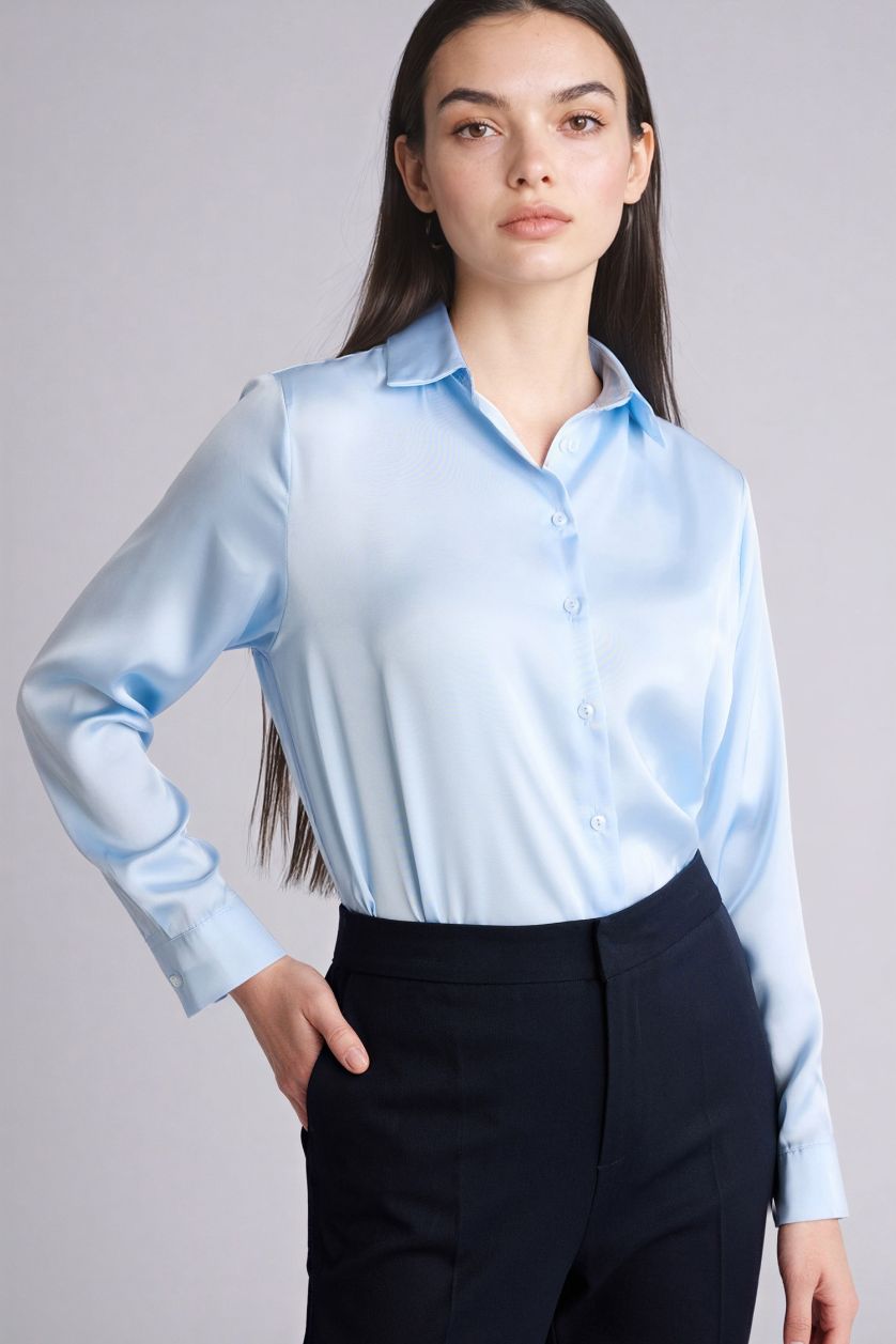 Woman Light Blue Oversize Fit Shirt Collar Satin Long Sleeve Shirt