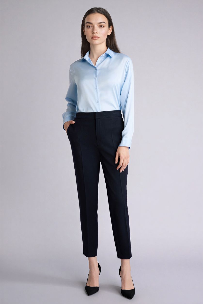 Woman Light Blue Oversize Fit Shirt Collar Satin Long Sleeve Shirt