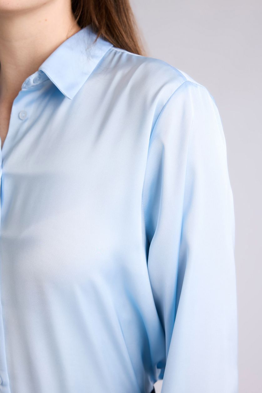 Woman Light Blue Oversize Fit Shirt Collar Satin Long Sleeve Shirt