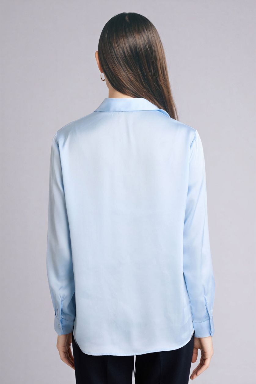 Woman Light Blue Oversize Fit Shirt Collar Satin Long Sleeve Shirt