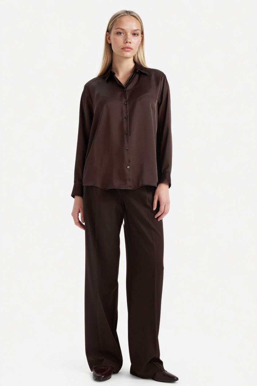 Woman Brown Oversize Fit Shirt Collar Satin Long Sleeve Shirt