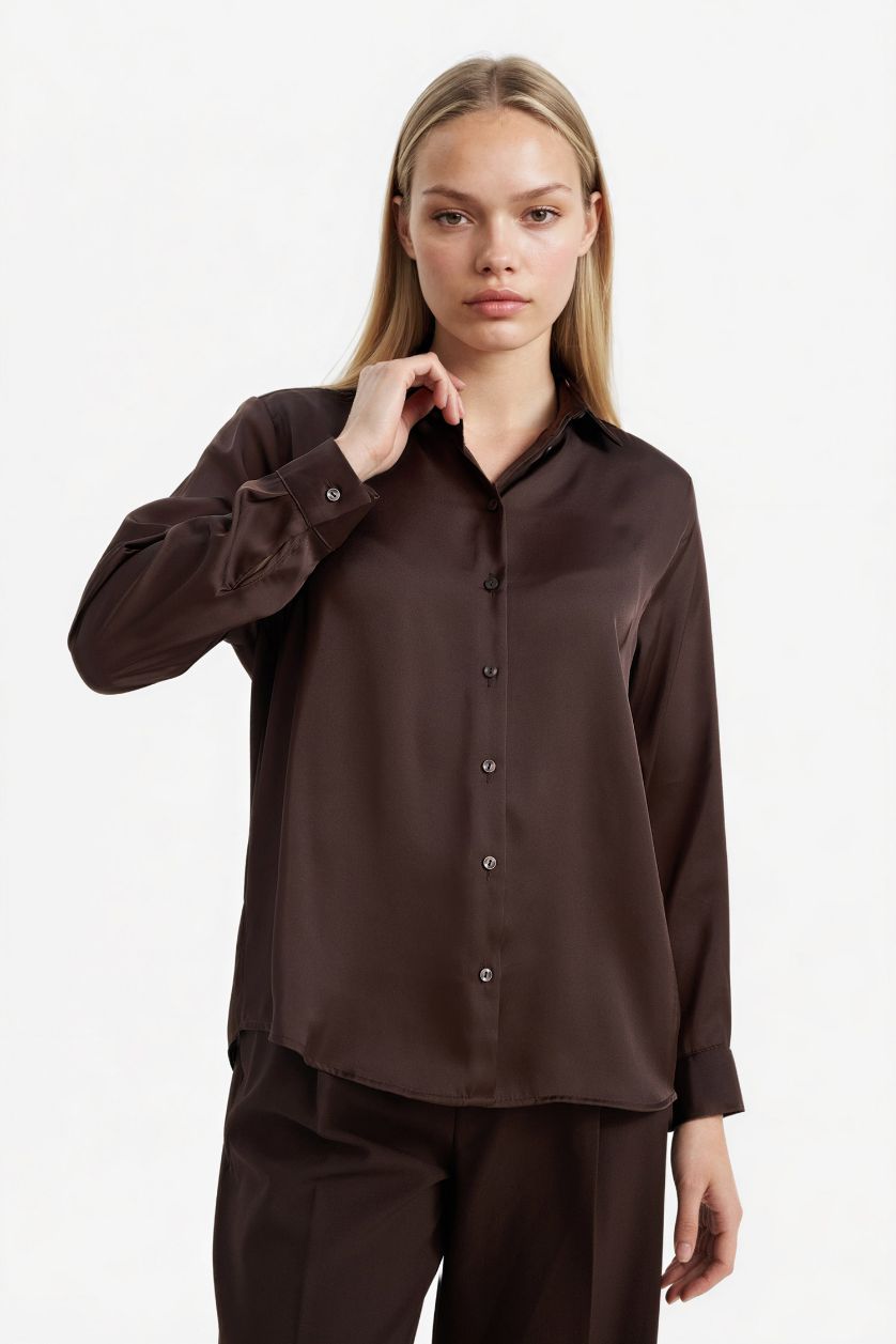 Woman Brown Oversize Fit Shirt Collar Satin Long Sleeve Shirt