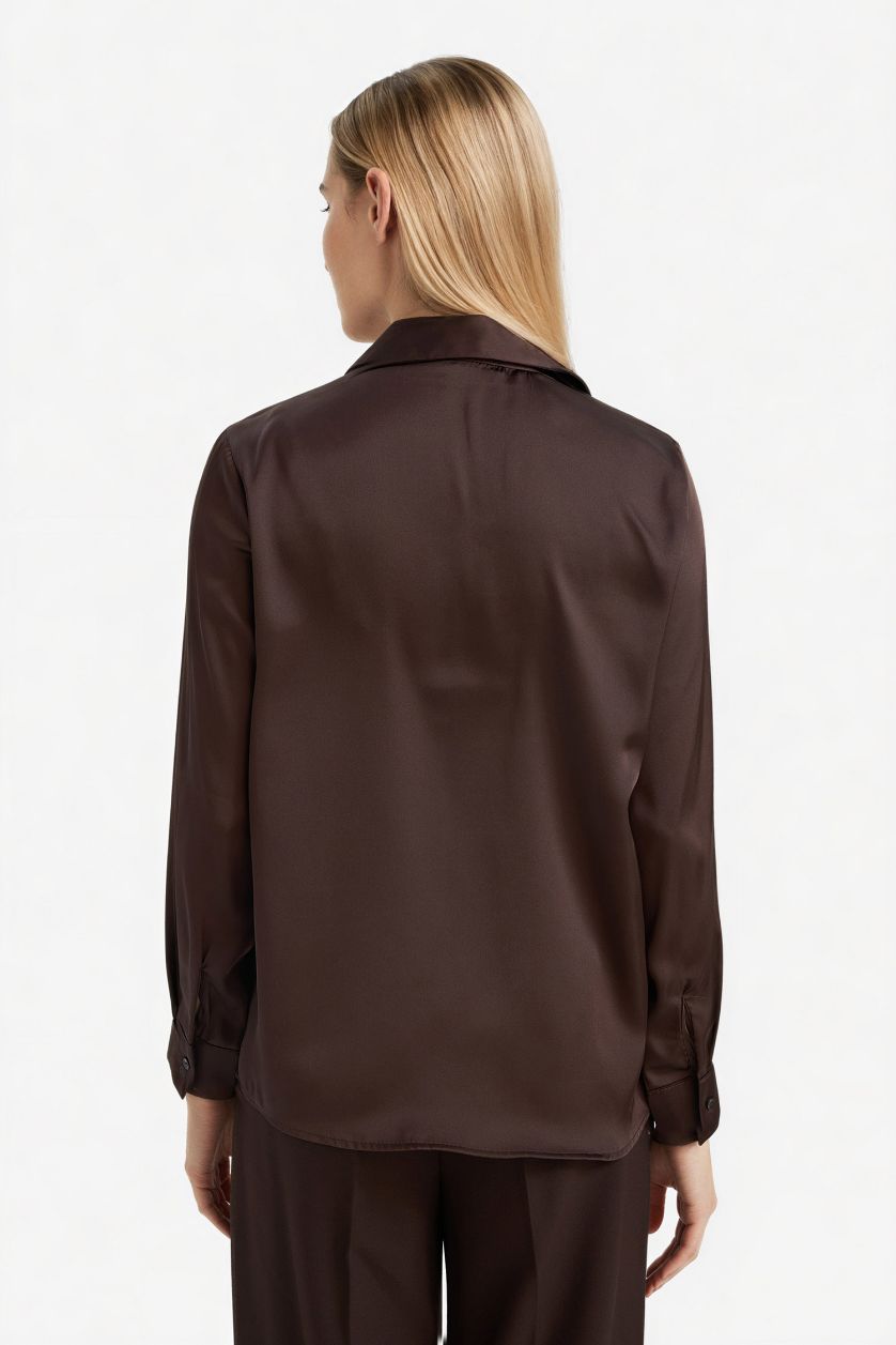 Woman Brown Oversize Fit Shirt Collar Satin Long Sleeve Shirt