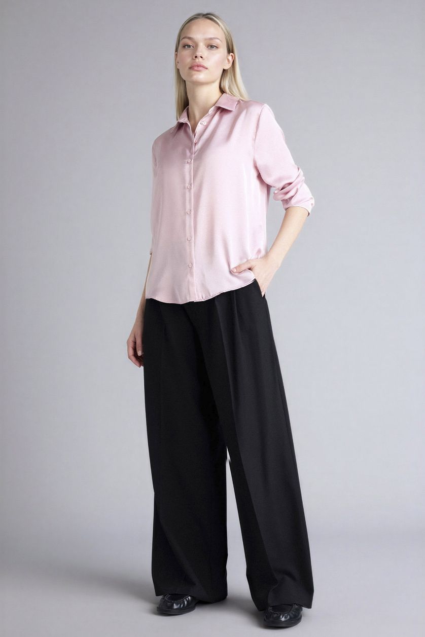 Woman Pink Oversize Fit Shirt Collar Satin Long Sleeve Shirt