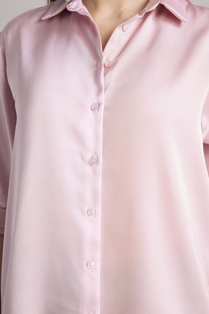 Woman Pink Oversize Fit Shirt Collar Satin Long Sleeve Shirt