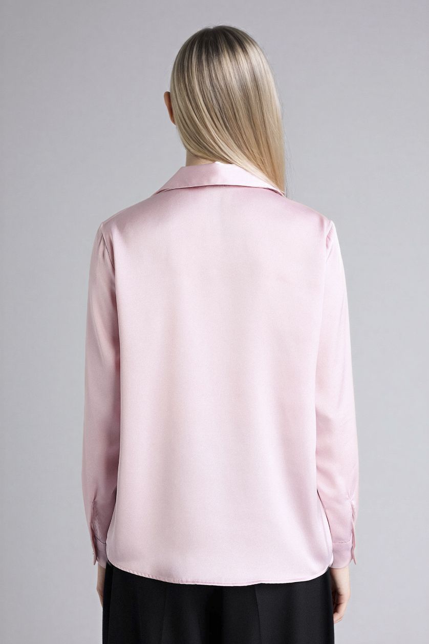 Woman Pink Oversize Fit Shirt Collar Satin Long Sleeve Shirt
