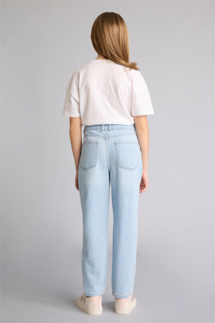 بنات أزرق فاتح بنطرون جينز موم فيت وايد ليج برجل واسع