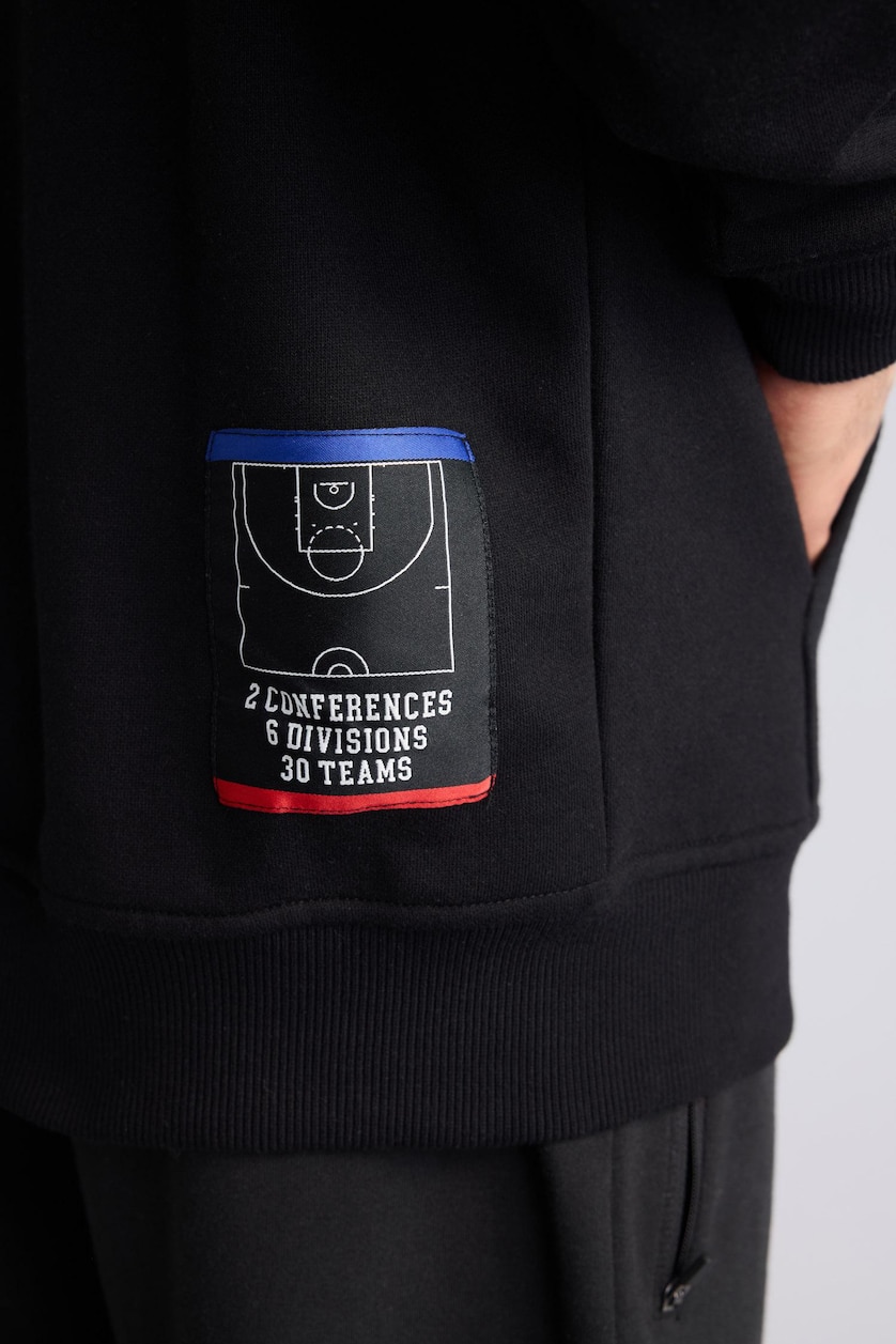 Erkek Siyah Pamuklu NBA Wordmark Oversıze Kapüşonlu Fermuarlı Sweatshırt