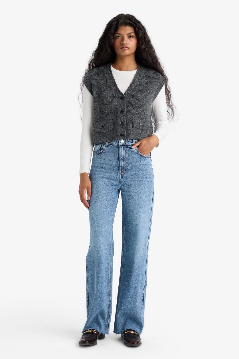 Woman Anthracite Regular Fit V-Neck Knitwear Vest