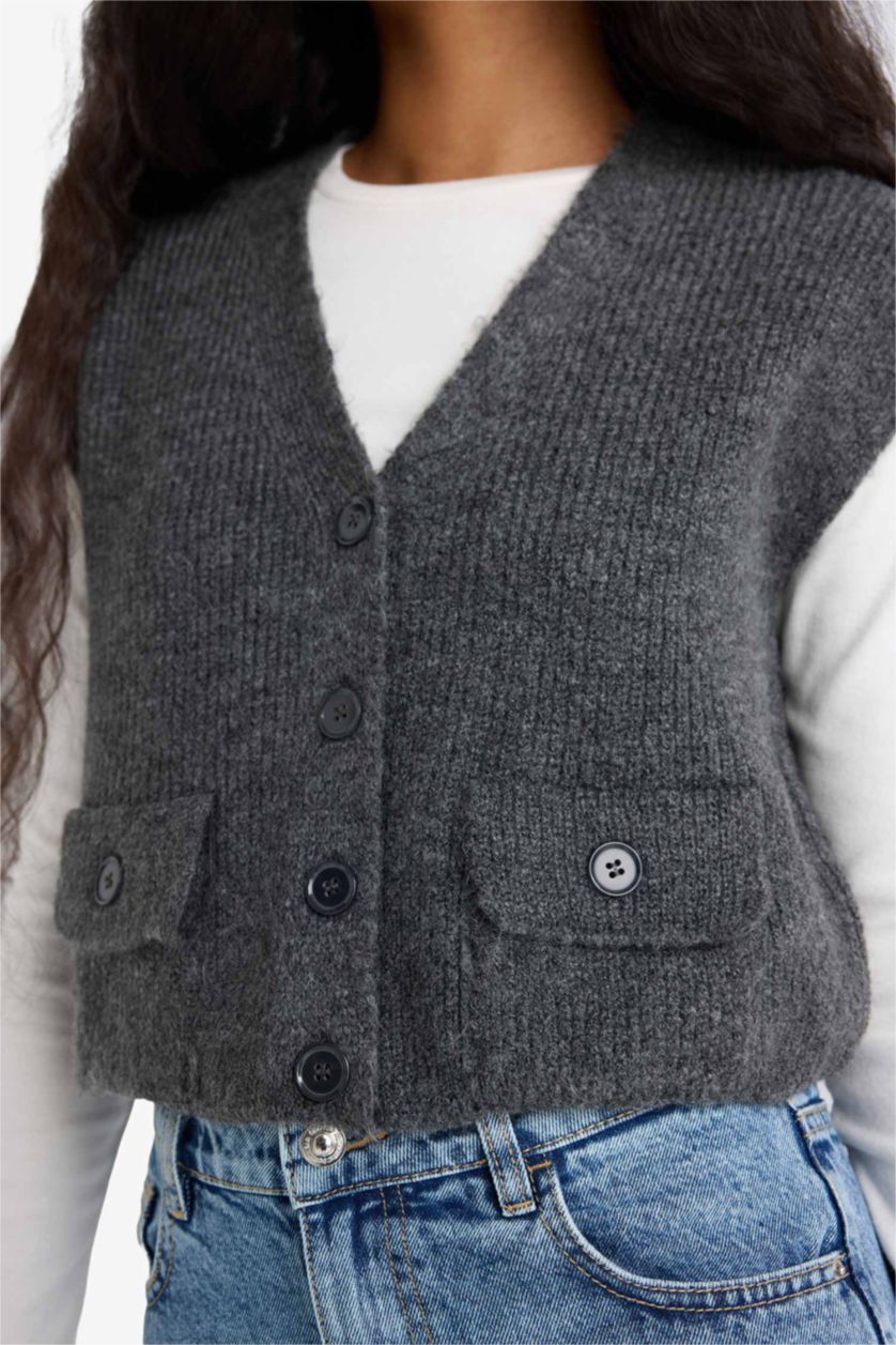 Woman Anthracite Regular Fit V-Neck Knitwear Vest