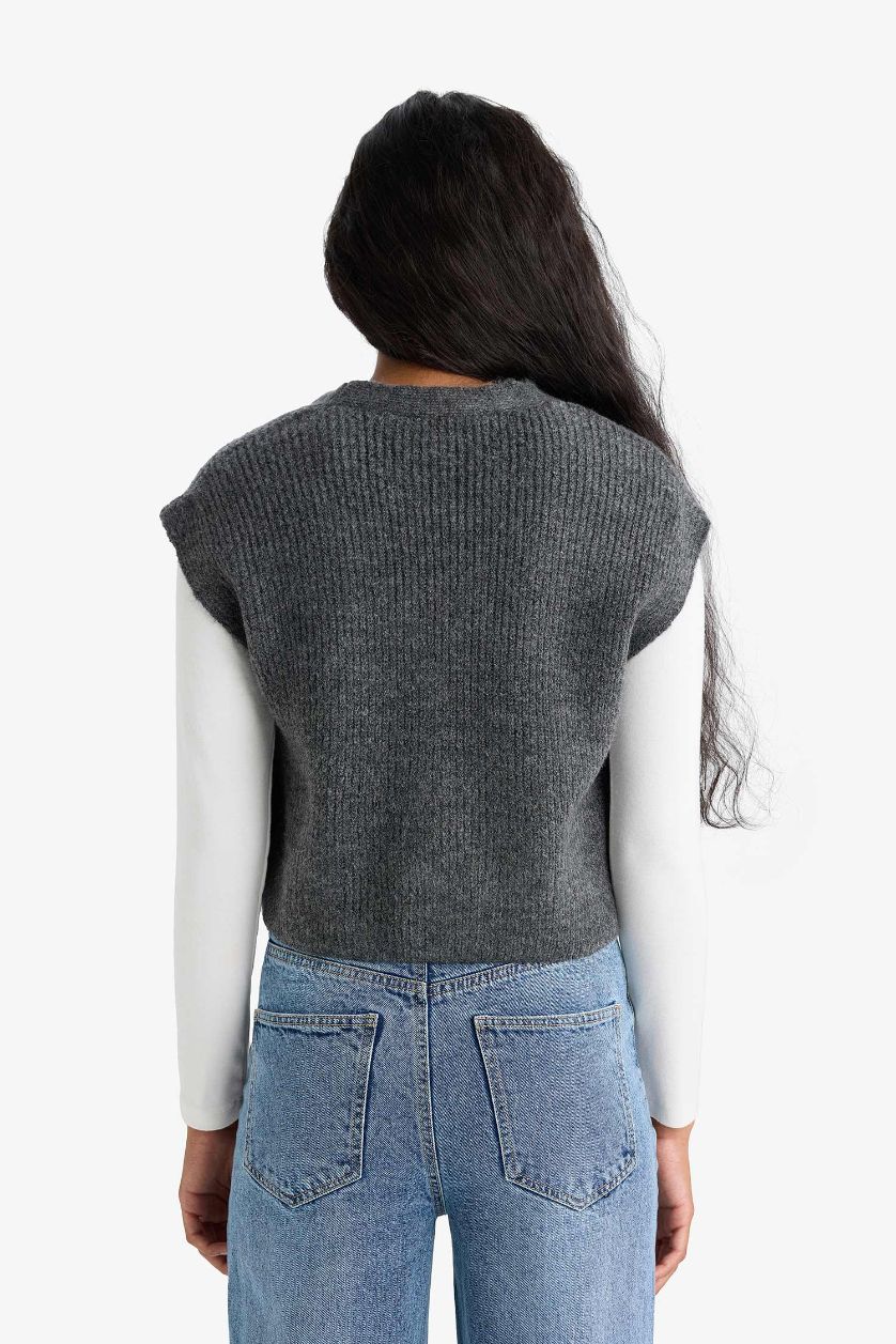 Woman Anthracite Regular Fit V-Neck Knitwear Vest