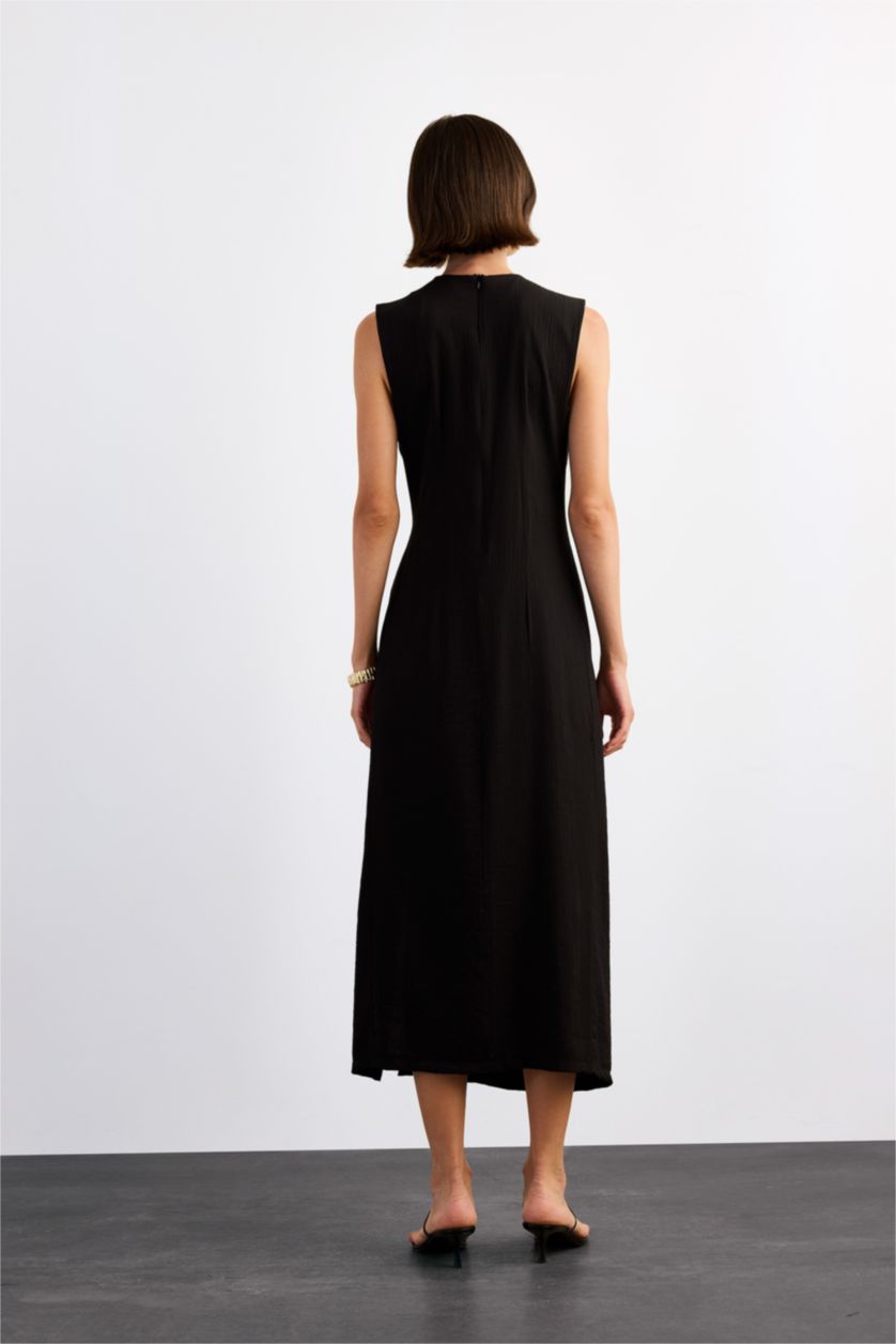 نساء أسود فستان ميدي بوبلين مخصر بفتحة مفصل بمشبك