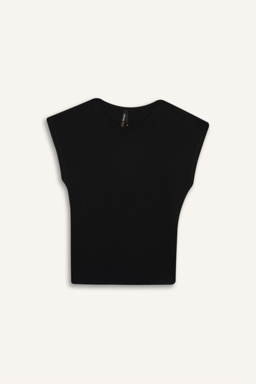 Kadın Siyah Fıtted Bisiklet Yaka Kısa Kollu Tişört