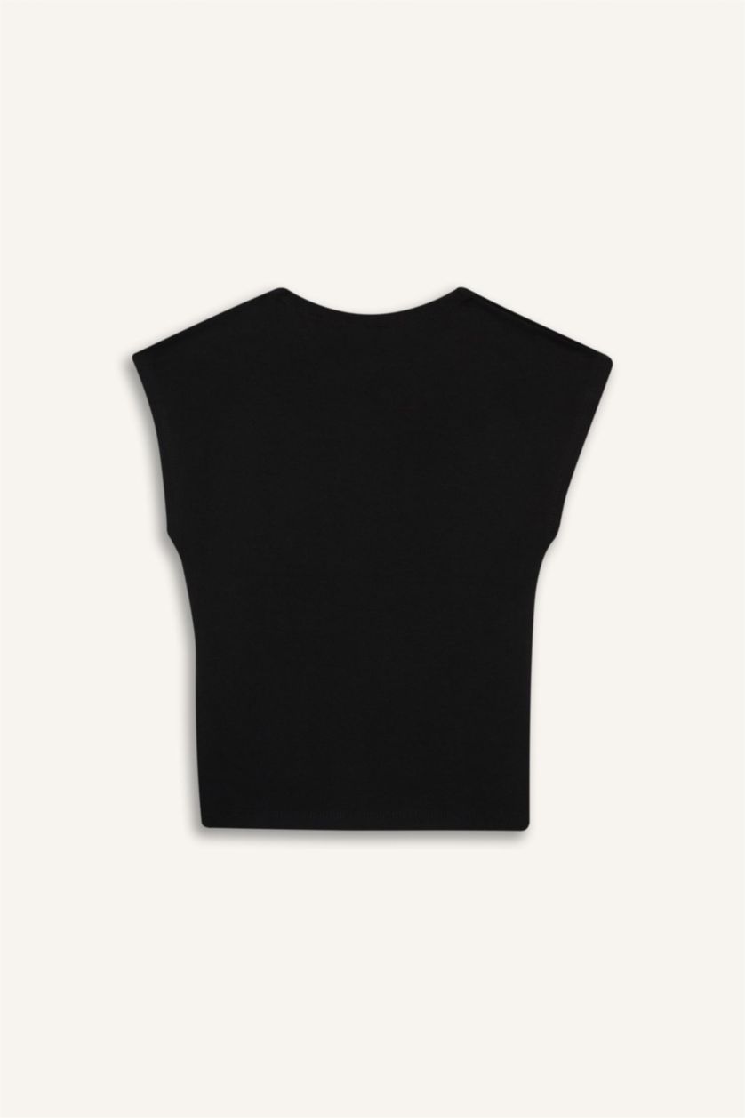 Kadın Siyah Fıtted Bisiklet Yaka Kısa Kollu Tişört