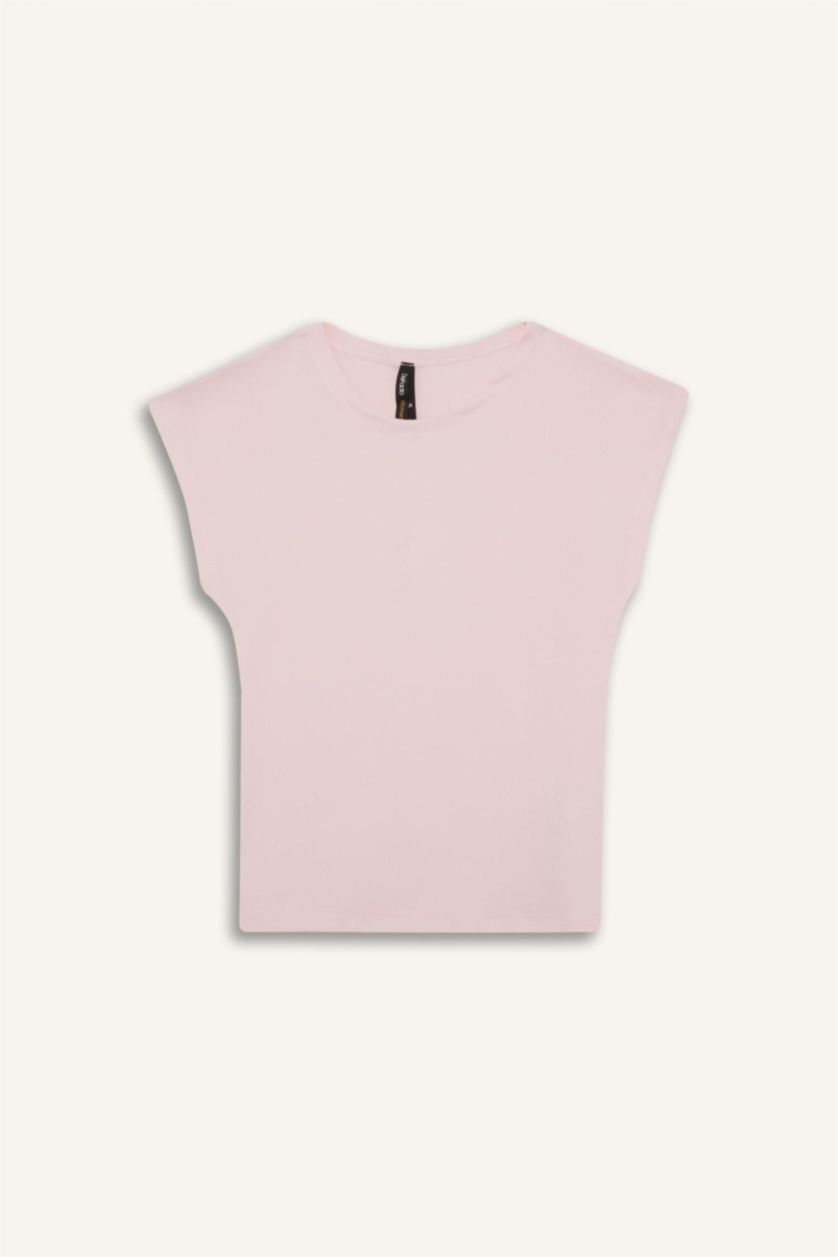 Kadın Pembe Fıtted Bisiklet Yaka Kısa Kollu Tişört