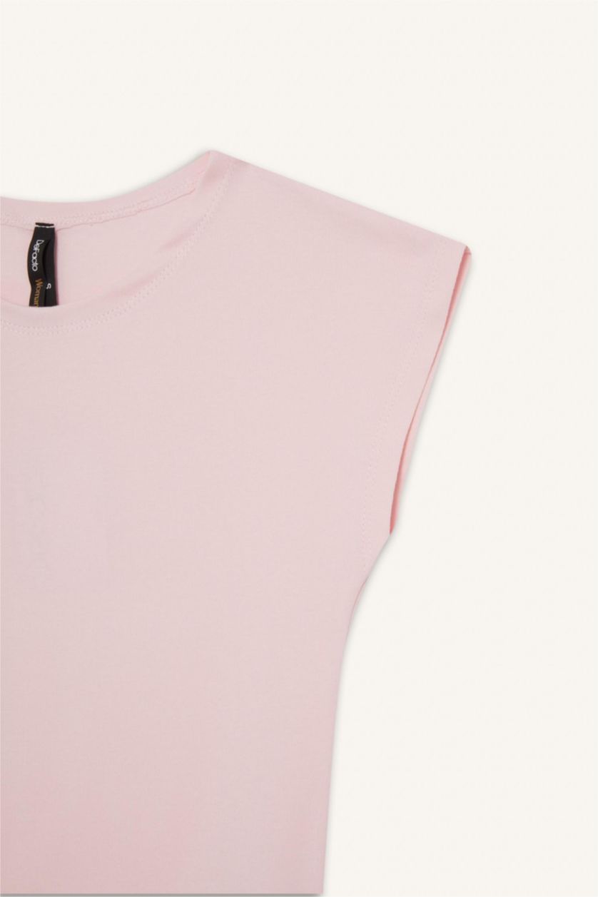 Kadın Pembe Fıtted Bisiklet Yaka Kısa Kollu Tişört