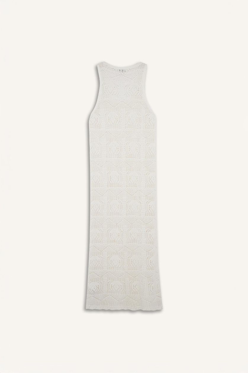 Kadın Ekru Slim Fit Dar Kesim Bisiklet Yaka Kroşe Triko Kolsuz Elbise