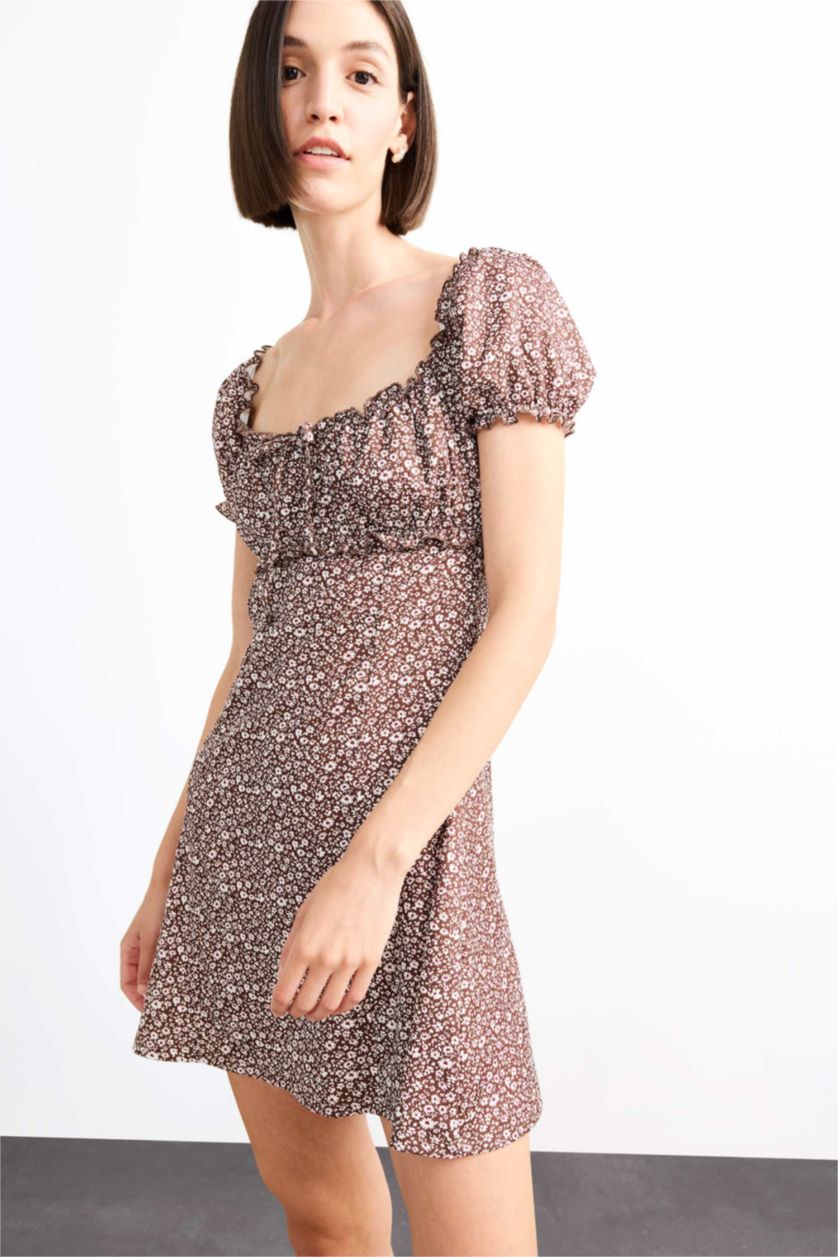 Kadın Kahve A Kesim Çiçekli Bürümcük Açık Omuzlu Mini Elbise