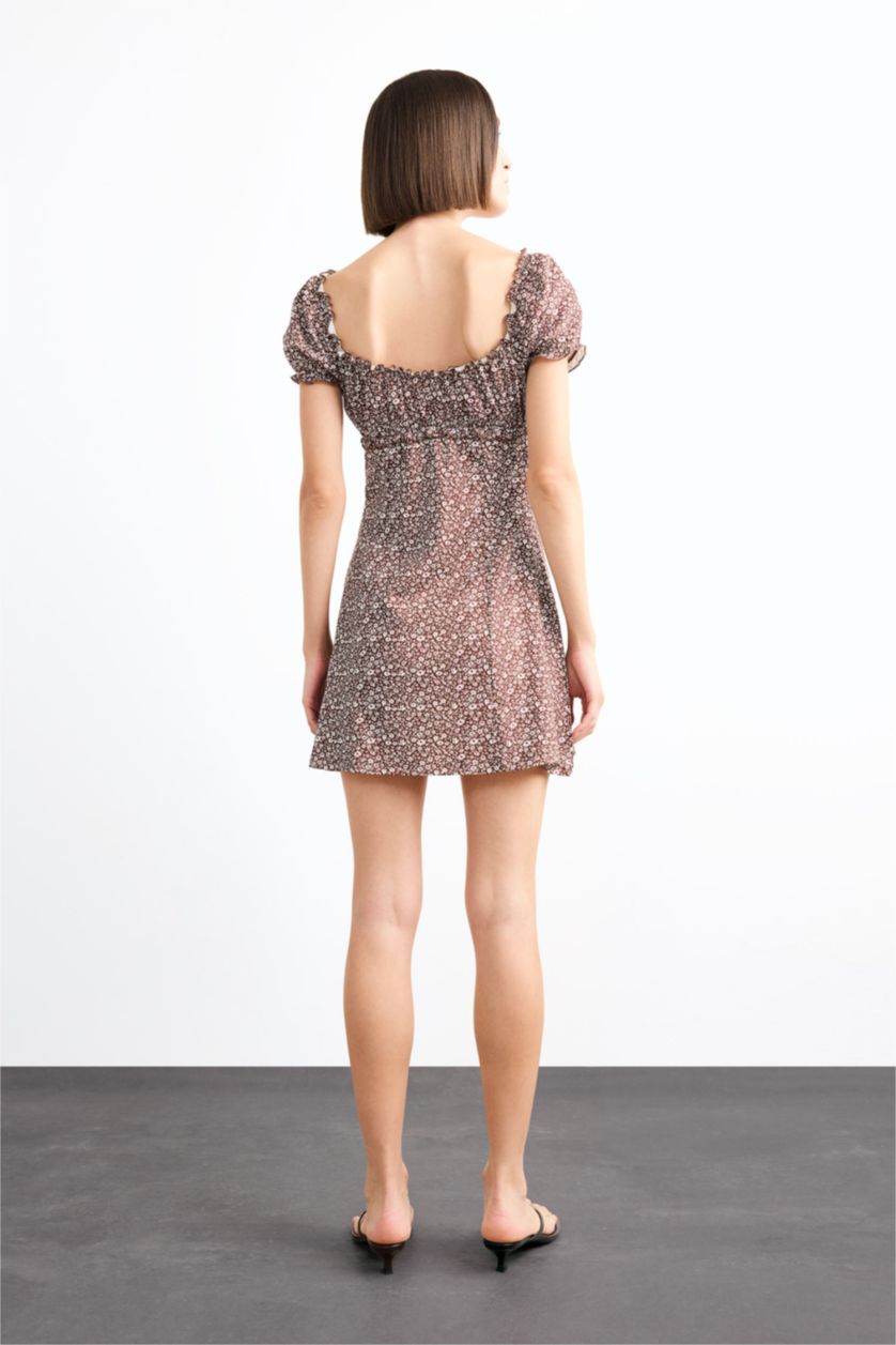 Kadın Kahve A Kesim Çiçekli Bürümcük Açık Omuzlu Mini Elbise