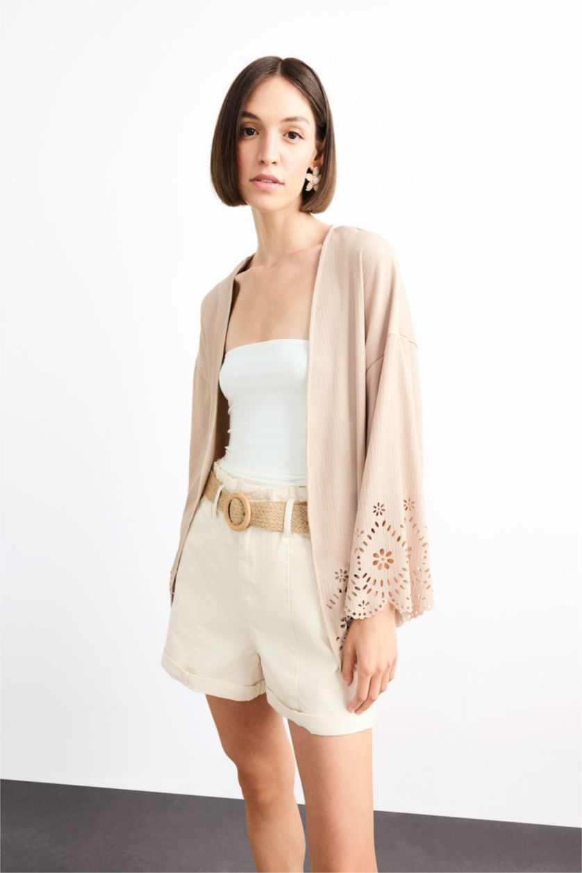 Kadın Bej Fitted Bürümcük Brode Bağlamalı Uzun Kollu Bluz