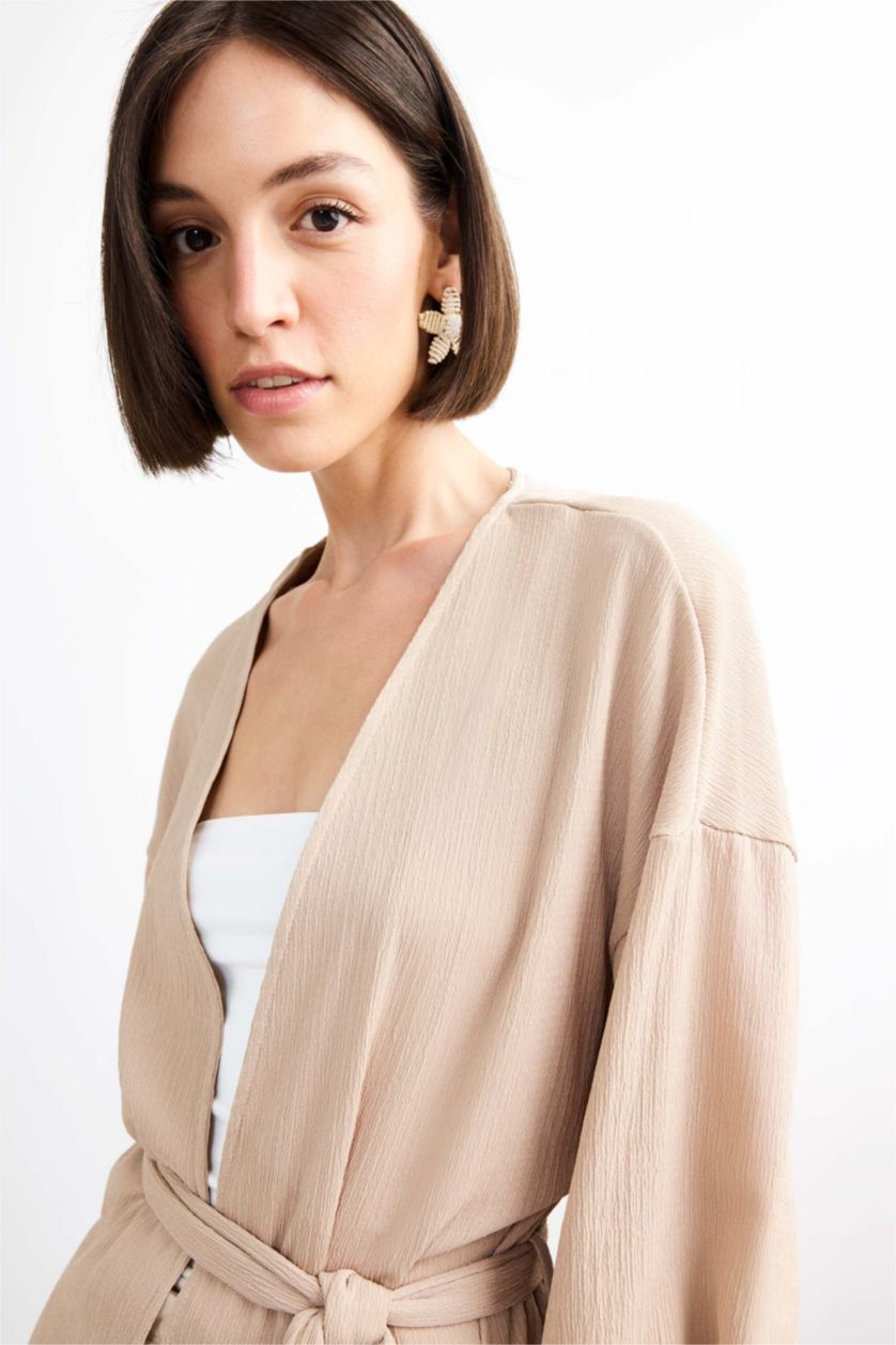 Kadın Bej Fitted Bürümcük Brode Bağlamalı Uzun Kollu Bluz