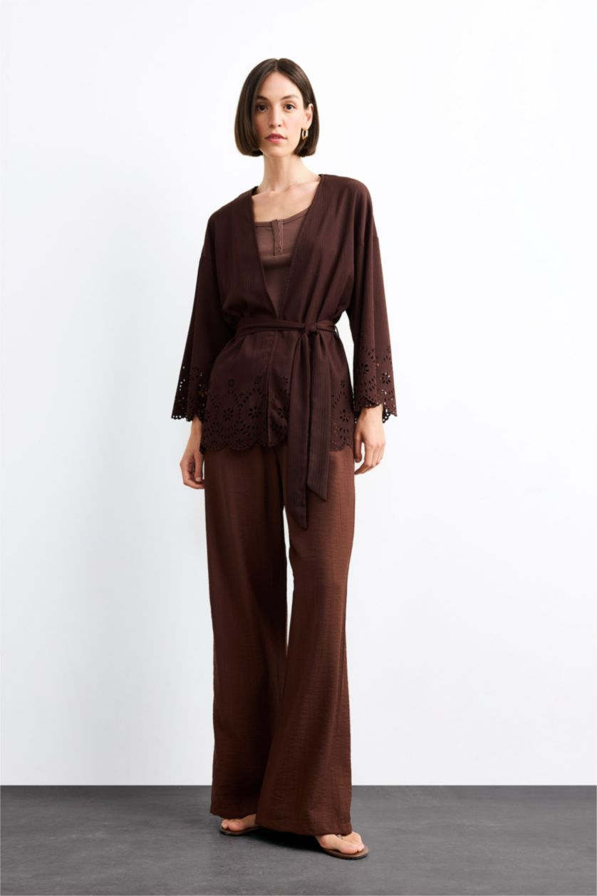 Kadın Kahve Fıtted Bürümcük Uzun Kollu Bluz