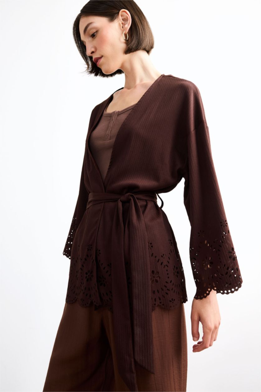 Kadın Kahve Fıtted Bürümcük Uzun Kollu Bluz