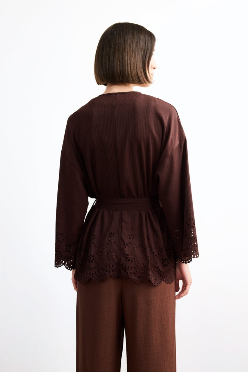 Kadın Kahve Fıtted Bürümcük Uzun Kollu Bluz