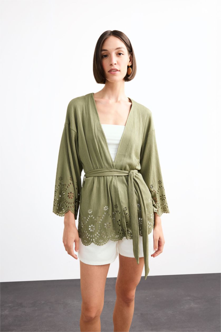 Kadın Haki Fitted Bürümcük Brode Bağlamalı Uzun Kollu Bluz 