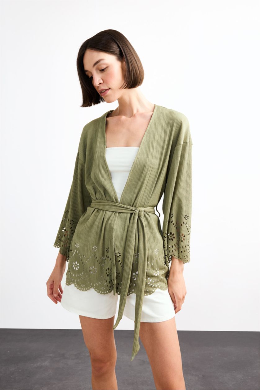 Kadın Haki Fitted Bürümcük Brode Bağlamalı Uzun Kollu Bluz 