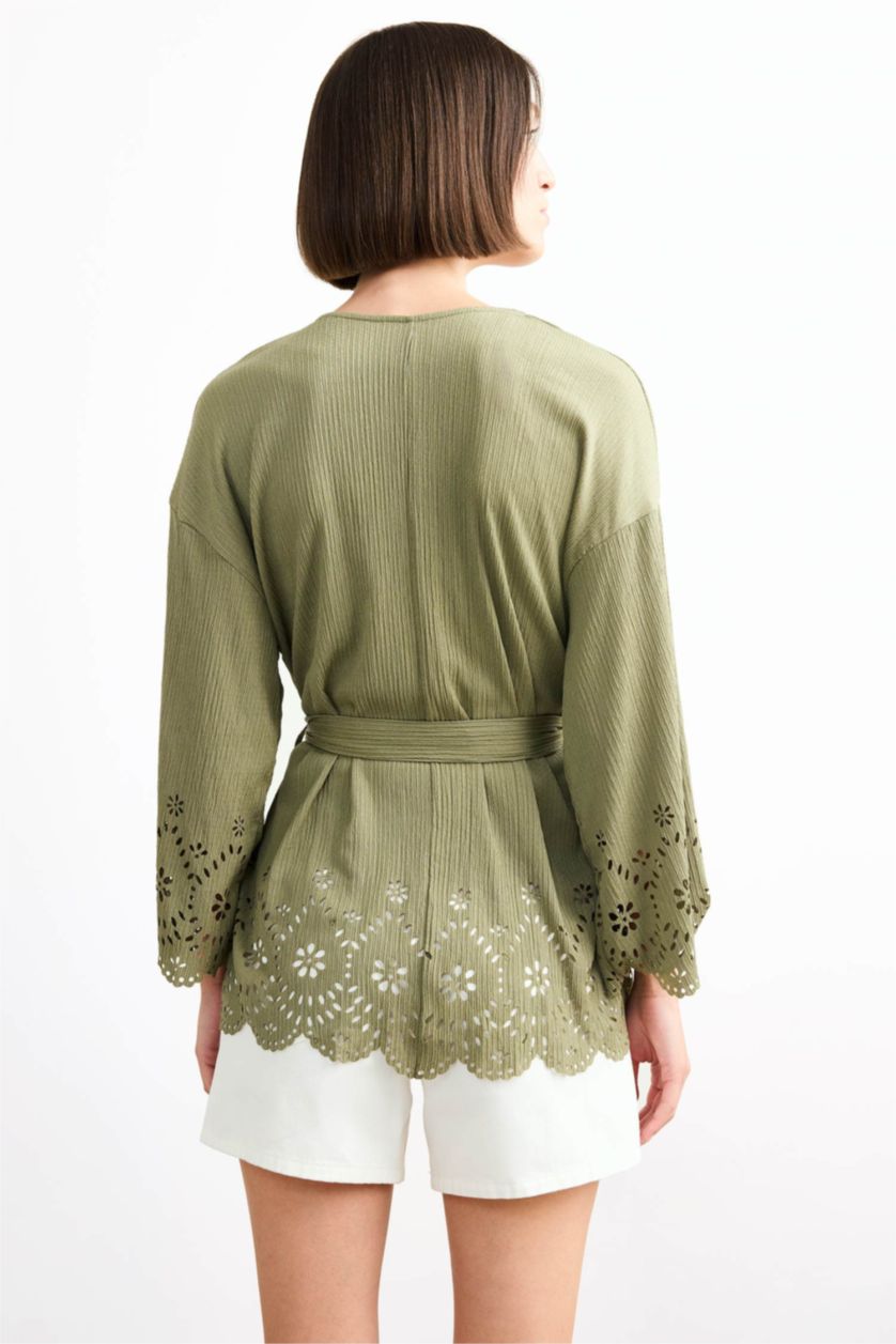 Kadın Haki Fitted Bürümcük Brode Bağlamalı Uzun Kollu Bluz 