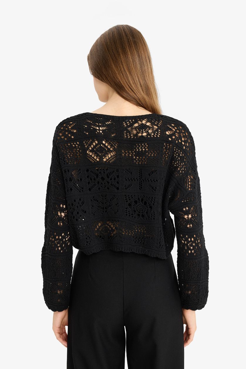 Kadın Siyah Regular Fit V Yaka Önden Bağlamalı Kroşe Hırka