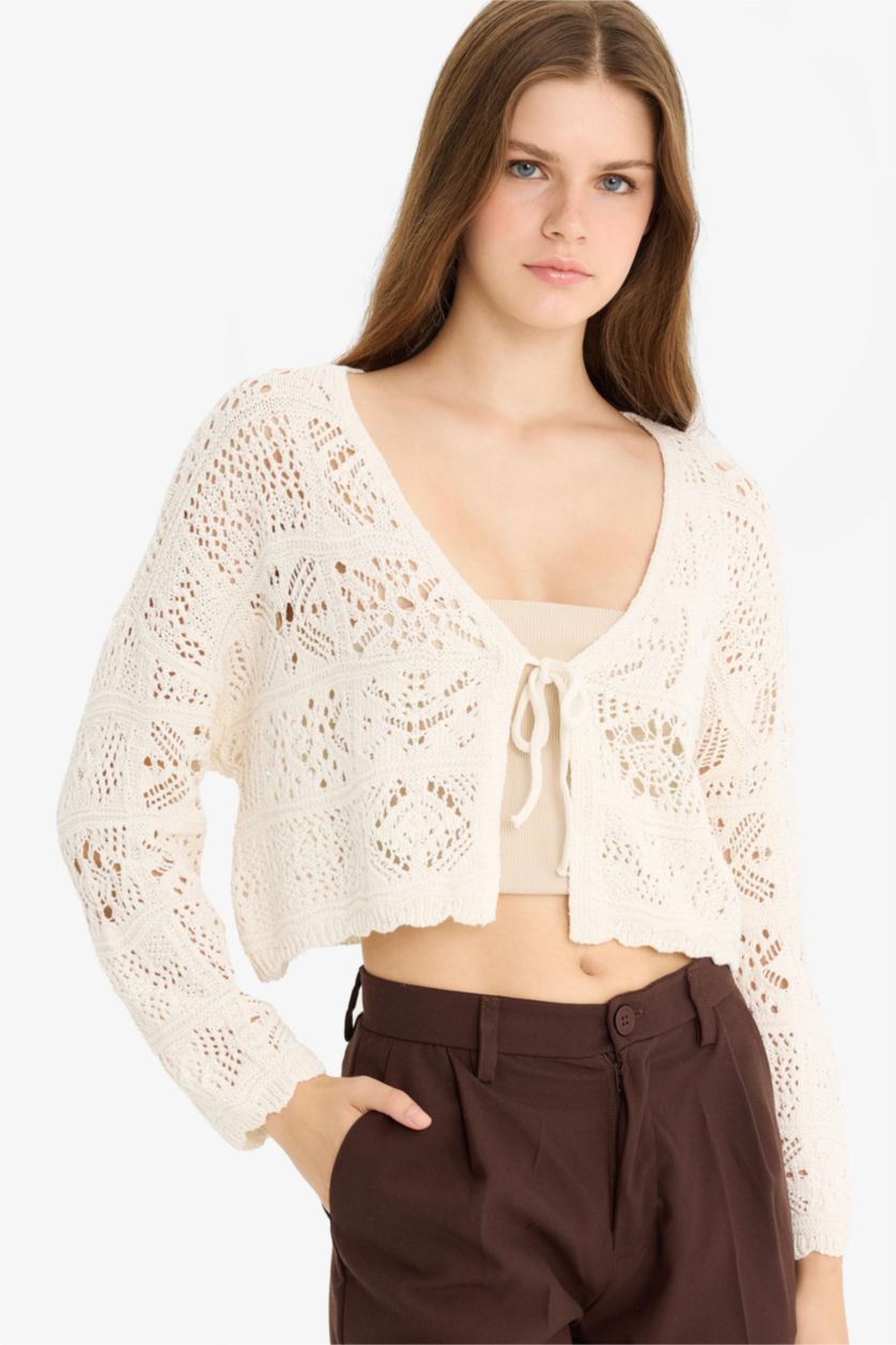 FEMME Écru Cardigan en crochet à col en V Coupe régulière