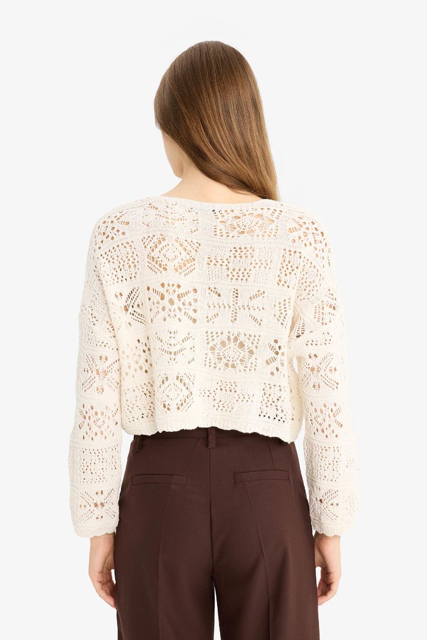 FEMME Écru Cardigan en crochet à col en V Coupe régulière